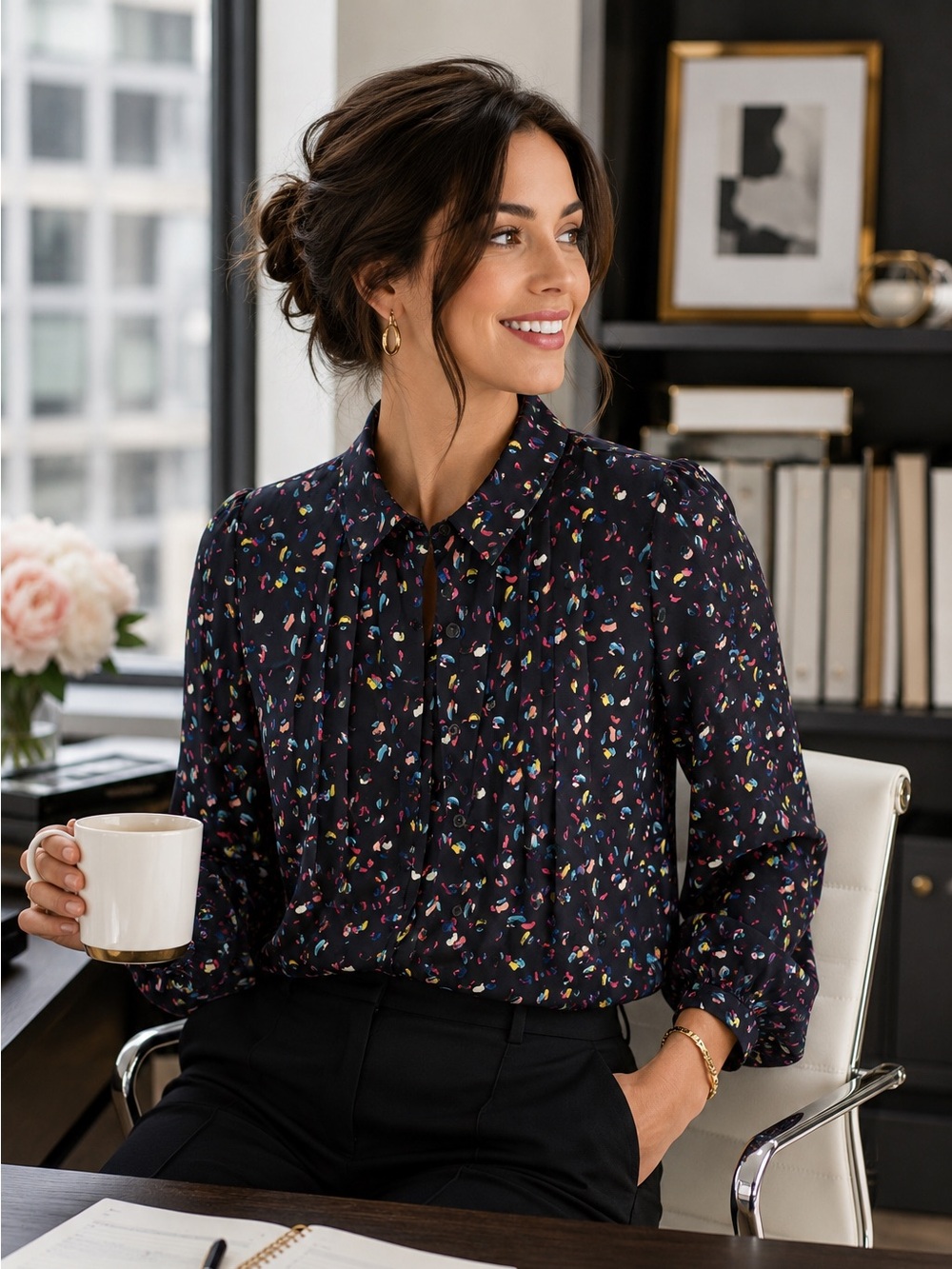 CAbi Black Confetti Print Button Blouse Office Siren medium 3423